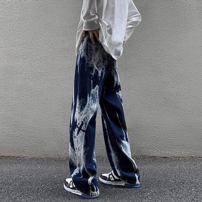 maoxiangshop Tie-dye Jeans Men High Street Straight Denim Pants Men Baggy Fashion Trend Jean Pants Mens Wide-leg Trousers BF Clothing
