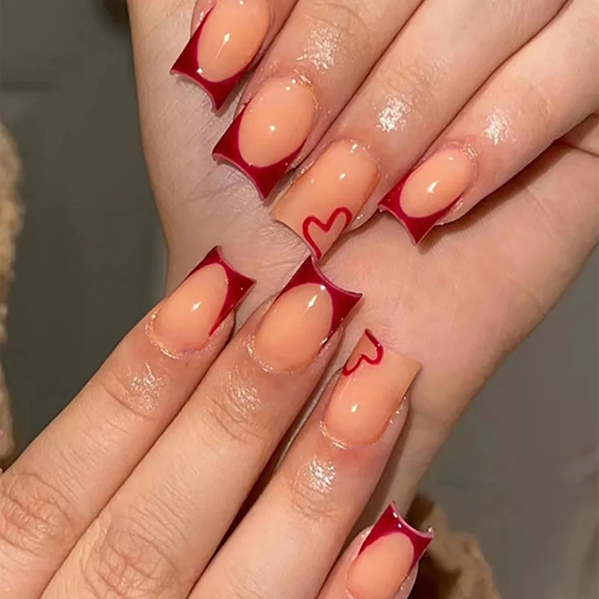 maoxiangshop 24pcs/set ballet short fake nails for Valentine's Day cute heart with glitters french white square tips press on false nail art