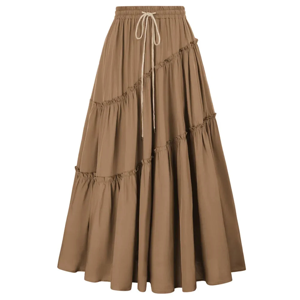maoxiangshop Women Skirts Vintage Renaissance Tiered Swing Skirt Solid Casual Adjustable Drawstring Waist Maxi Skirt Large Hem Skirt
