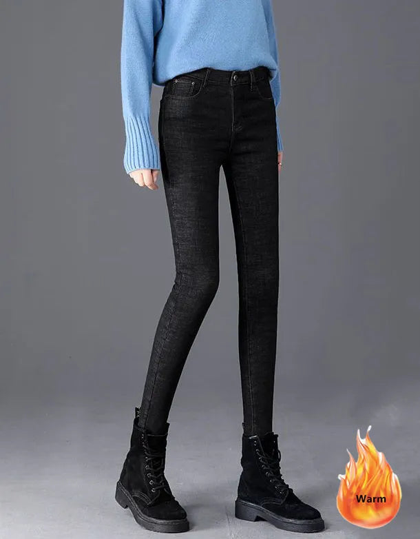 maoxiangshop Oversized Slim Velvet Lined Jeans Pencil Pants Winter Women Plush Stretch Vaqueros Trousers Mid Waist Thicken Warm Denim Spodnie