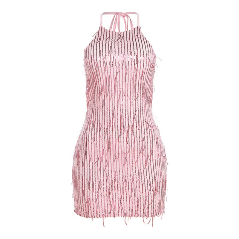 maoxiangshop Prom Halter Backless Shiny Tight Mini Dress Women Summer Sexy Elegant Party Night Club Bodycon Sundress Wrap Dance Short Dresses