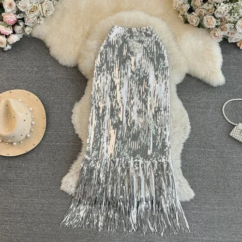 maoxiangshop Sequin Shining Long Skirts Women Tassel High Waist Sexy Female Trumpet Skirt Ladies Party Club Streetwear Maxi Skirt