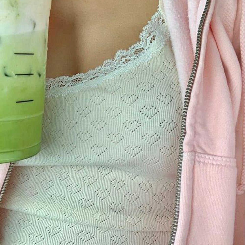 maoxiangshop Women Y2K Casual Camisole Top Spaghetti Strap Lace Trim Patchwork Slim Fit Summer Party Club Tops