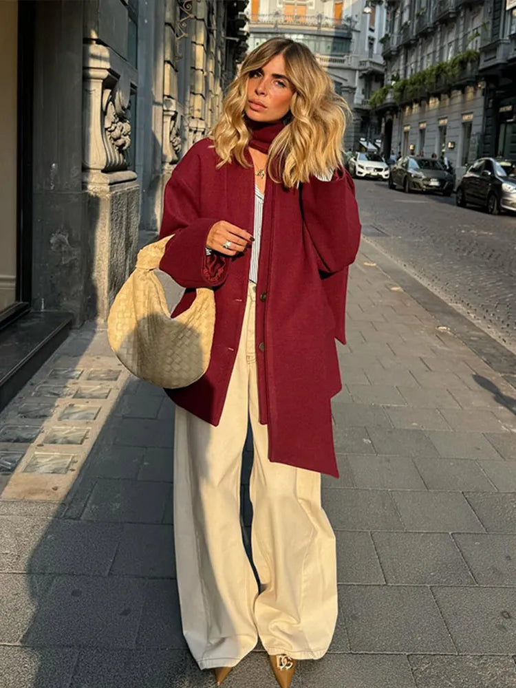 maoxiangshop - Fashion Burgundy Scarf Collar Woolen Coats Women Single Breasted Pocket Loose Overcoat 2024 Lady Elegant Thick Winter Streetwear