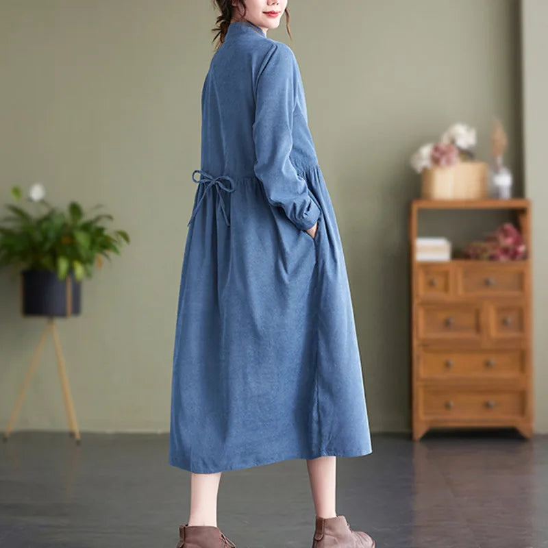 maoxiangshop Vintage Corduroy Dress Stand Collar Buttons High Waisted Midi Dress Long Sleeve Retro A Line Dress Women Pockets Autumn