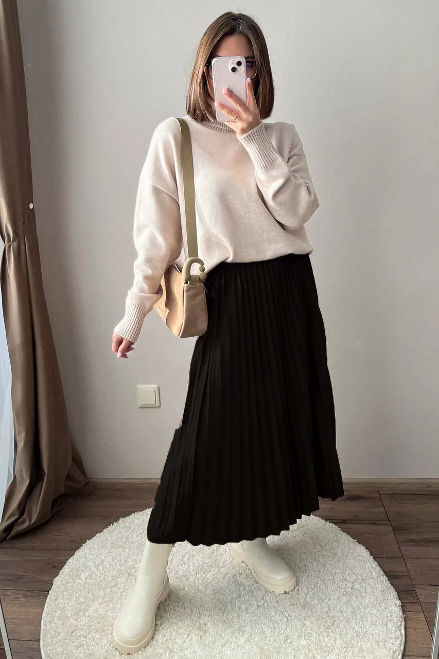 maoxiangshop - Chic Pleated Long Skirts 2024 New Elastic Waist French Elegant Women Skirts For Spring Fall A-line Casual Retro Lady Skirts