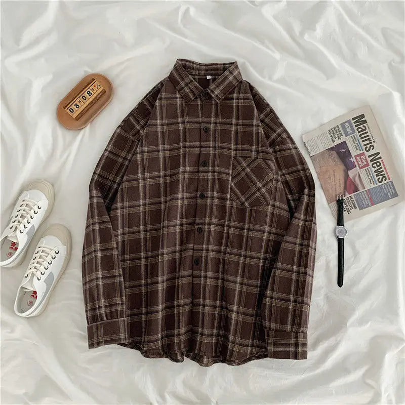 maoxiangshop Vintage Women Plaid Shirts Autumn Long Sleeve Oversize Button Up Tops Korean Loose Casual Fall Outwear Femme Shirts