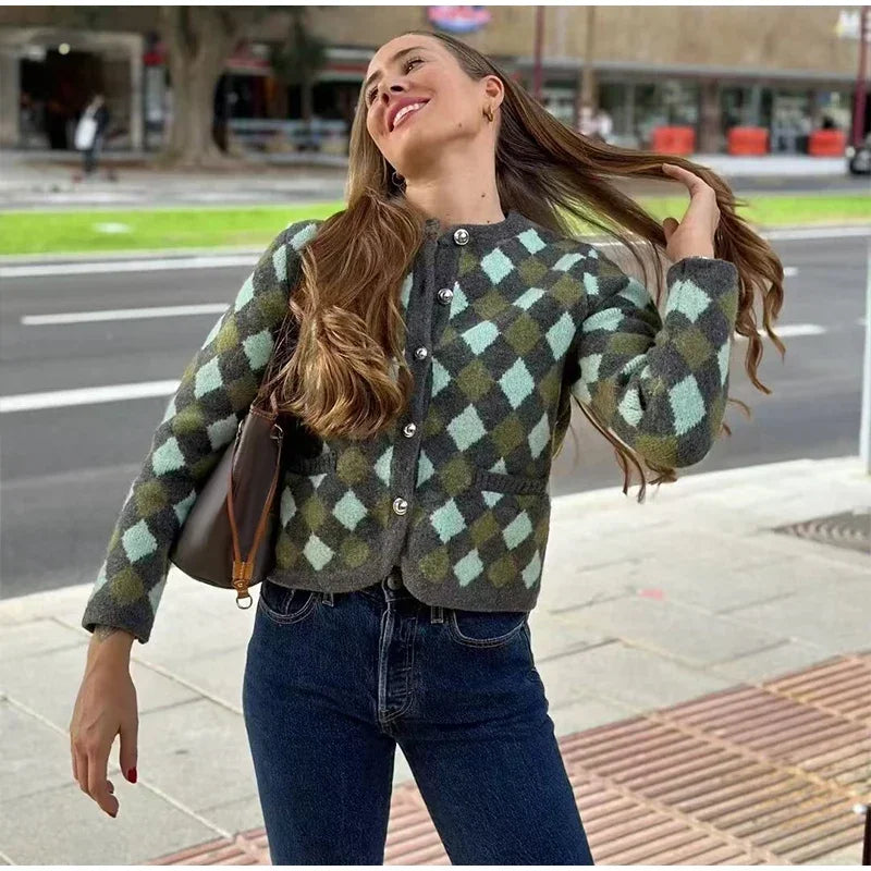 maoxiangshop - Elegant Plaid Knitted Cardigan Women Casual O-neck Long Sleeve Single Breasted Female Sweater 2024 Autumn Pocket Lady Knitwear