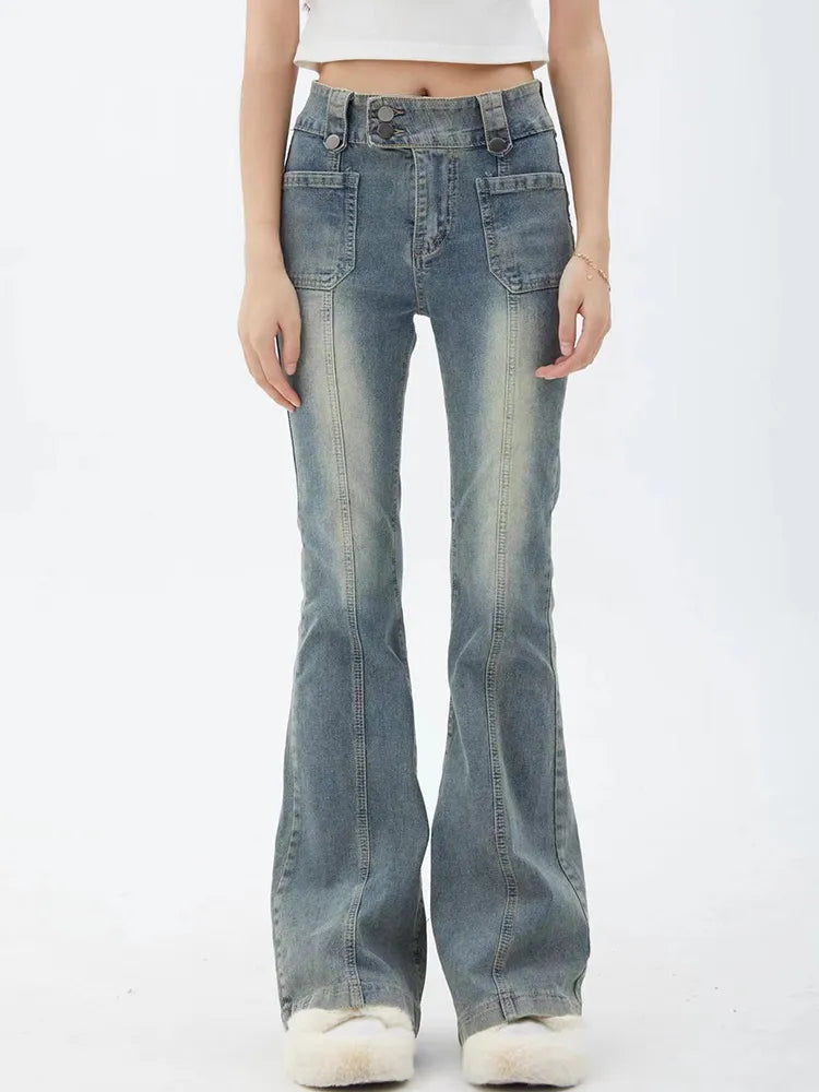 maoxiangshopBlue Women Jeans Gyaru Flare Pants High Waist Vintage Denim Bell Bottom Female Harajuku Streetwear Chic 2000s Tide Trousers Y2k