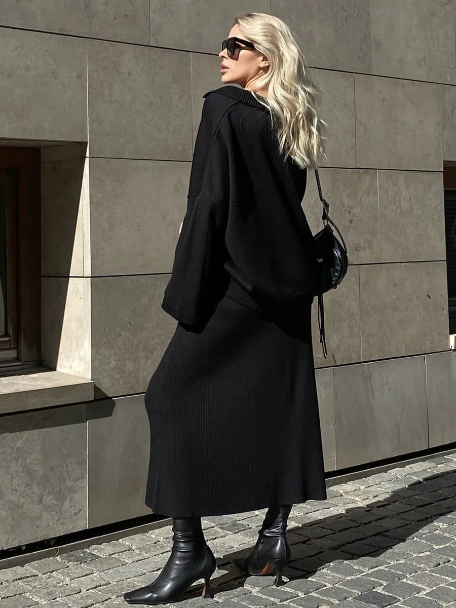 maoxiangshop - Lapel Sweater + Fishtail Skirts Sets Fashion Knitting Autumn Women Suit Knit Pullover Top Long Skirts Fashion Two Piece Set 2025