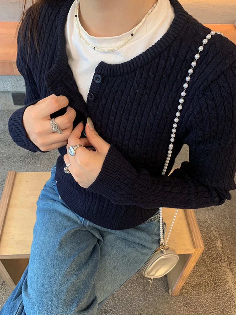 maoxiangshop - Autumn Solid Cardigan Sweater Women 2024 New O Neck Button Up Long Sleeve Slim Jumper Vintage Fashion Casual Knitted Outerwear