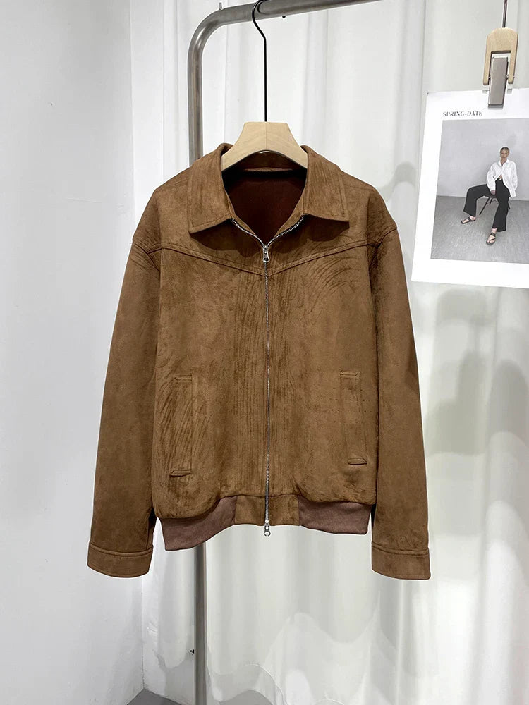 maoxiangshop Vintage Jacket Man Casual Loose Zipper Fashion Retro Short Coat Men Spring High Quality Solid Turndown Collar Street Outwears