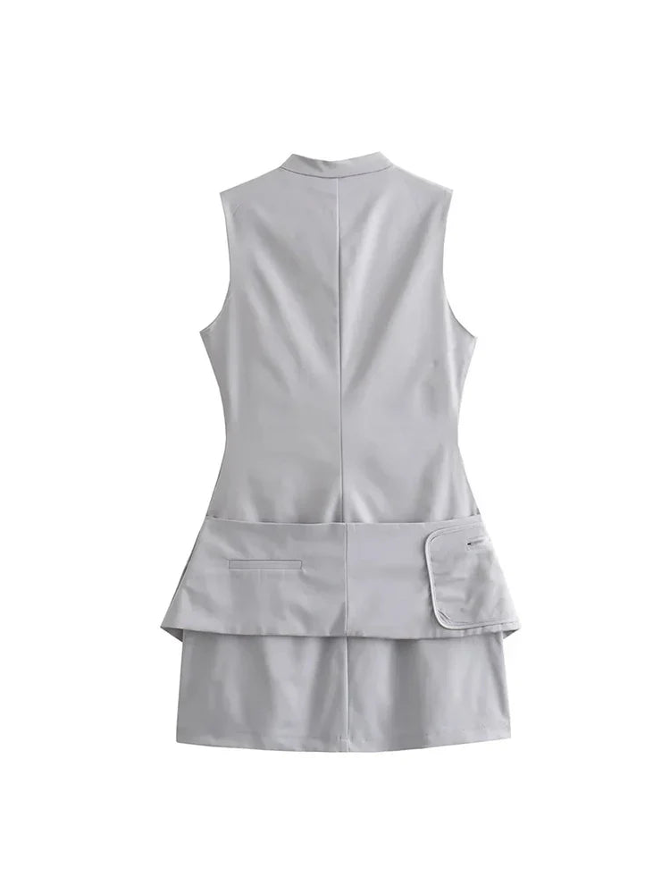maoxiangshop - Womens Fashion Streetwear High Waist Gray Short Dress Ladies Autumn New Casual Sleeveless High Collar Mini Dresses