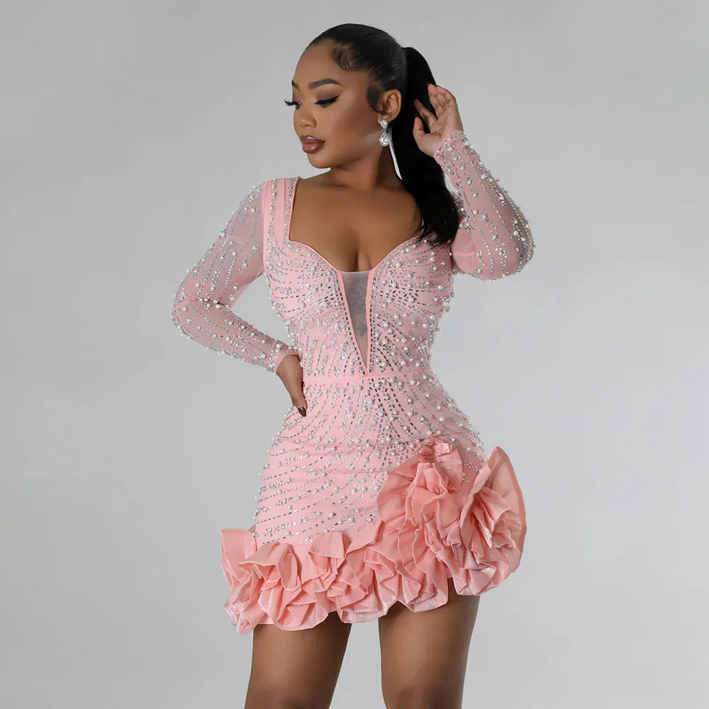 maoxiangshop Long Sleeve V Neck Transparent Club Dress Sexy Glittering Diamonds Dress Women Party Birthday Bodycon Mini Dresses Vestidos