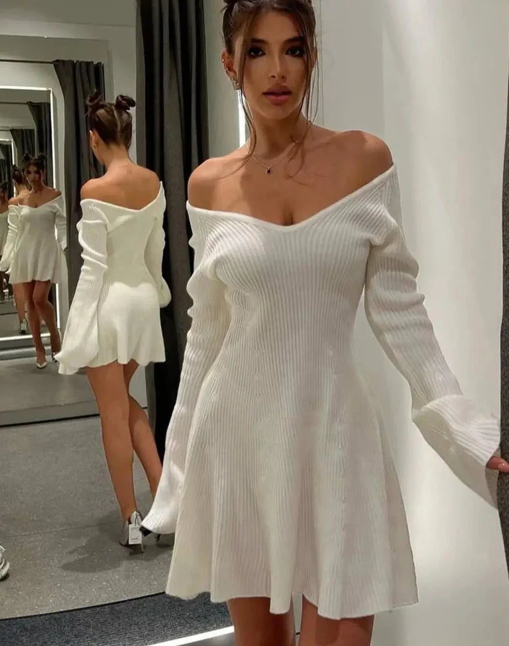 maoxiangshop - V-neck Long Sleeved Sexy Short Dress Knitted Autumn Winter Solid Color A-line Backless Pleated Women Dresses Fall Fashion