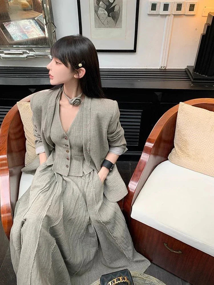 maoxiangshop - Autumn Winter Streetwear Small Fragrance 3 Piece For Women Jacket Coat Sleeveless Vest High Waist Pleated Skirt Long Skirts