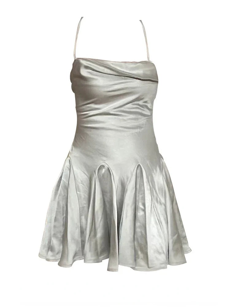 maoxiangshop Sexy Satin Mini Dress Summer Women Evening Party Dress Y2k Backless Beach Dresses Ruffle Bandage Korean Fashion