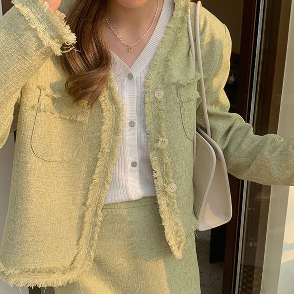 maoxiangshop Spring Green Tweed Two Piece Set Women Skirt Korean Fashion Long Sleeve Jacket + Midi Skirt Suits Vintage Femme 2 Pieces Outfits