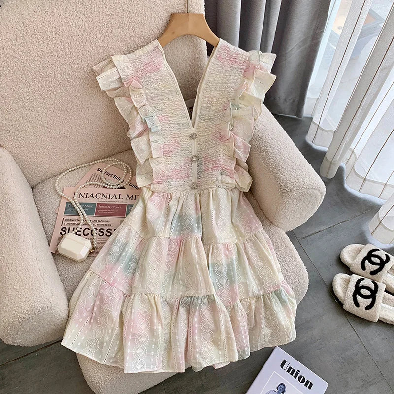 maoxiangshop Summer Sweet Flying Sleeve Tie Dye Patchwork V-neck Mini Dresses Women's Beach Style A-Line High Waist Pleated Dress