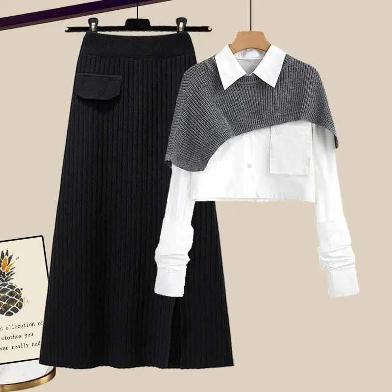 maoxiangshop Women's Autumn Dress Sets Female Loose Knit Shawl+Long sleeve Shirt+High Waist Knitted Half Skirt Three Piece Set Korean Fashion