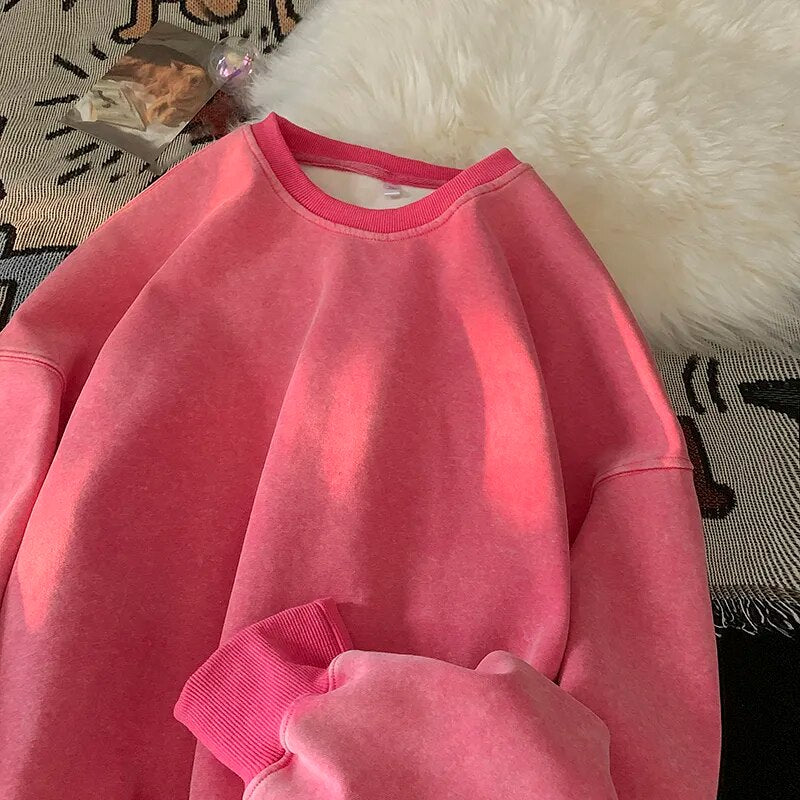 maoxiangshop American Washed Old Pullovers Sweatshirts Men Loose Solid Color Autumn Large Size Warm O Neck Tops Hip Hop Y2k Sweatshirt