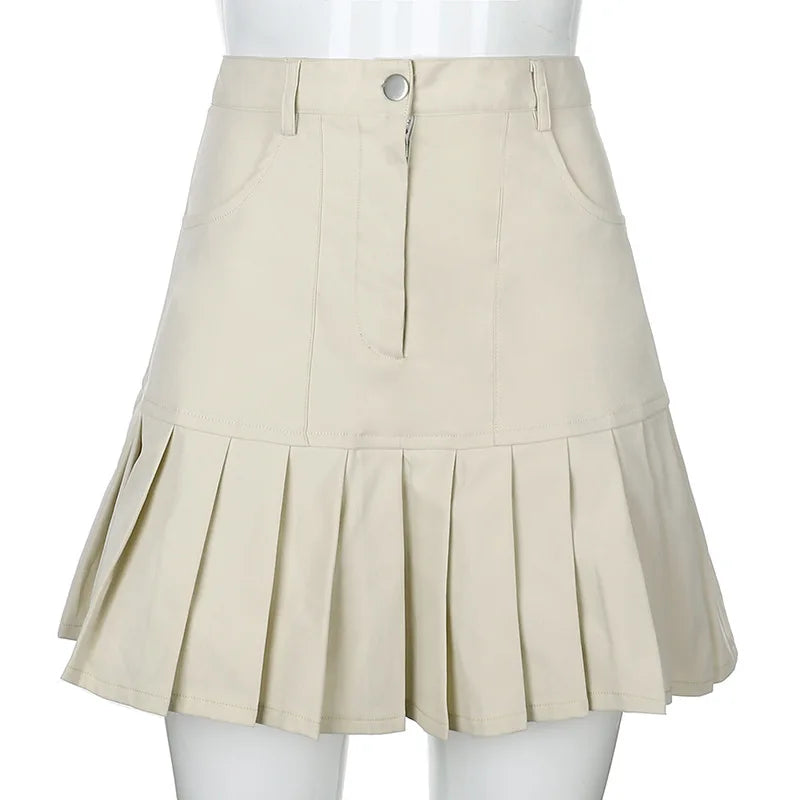 maoxiangshop - Harajuku Women High Waist Solid Color Tennis Skirt Summer Sweet Cute Kawaii Khaki Skirts Casual Pleated Mini Female Skirt