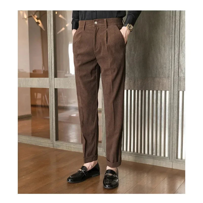 maoxiangshop British Style Men High Waist Casual Dress Pant Men Belt Design Slim Trousers Formal Office Social Wedding Party Dress Suit Pants