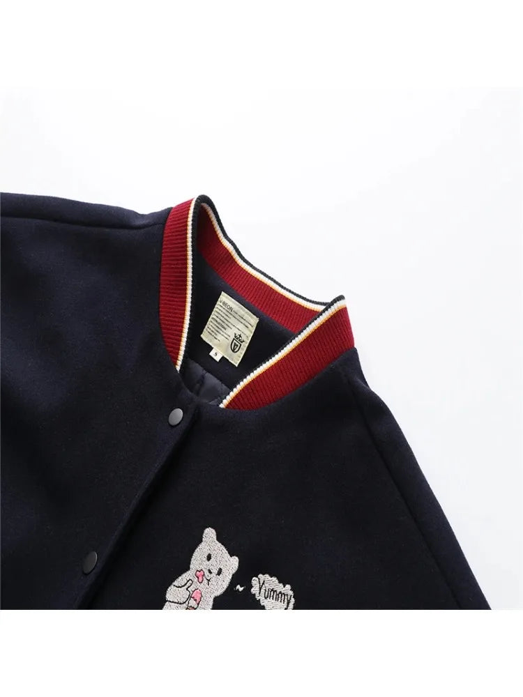 Jackets Women Winter Cartoon Embroidered Hooded Bomber Streetwear Casual Loose Long Sleeve Coat Mujer
