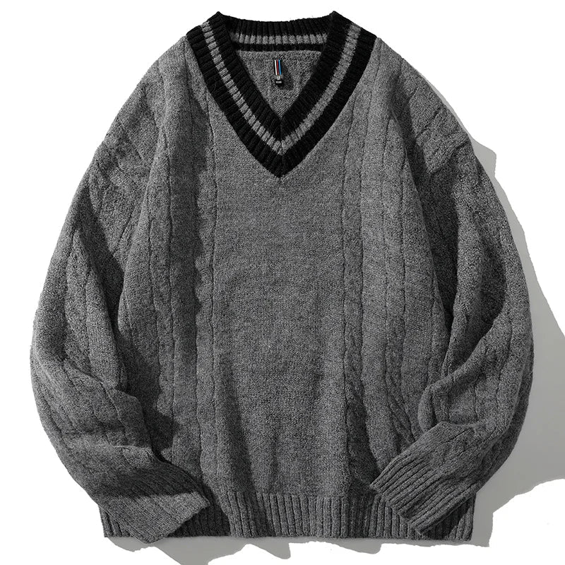 Matching V-neck Section Men's Knitted Sweater Ribbed Hem Fashion Splicing Pullover Korean Loose Autumn Knit Sweater