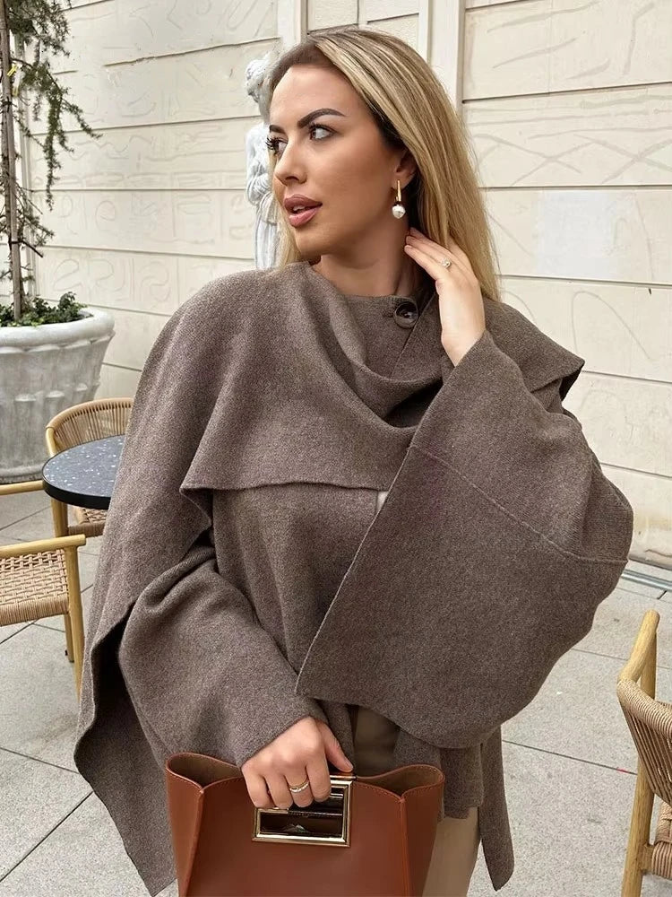 maoxiangshop - Elegant Women's Asymmetric Knitted Scarf Sweaters Women O-neck Single Button Side Slit Thick Cardigans Autumn Female Outerwear