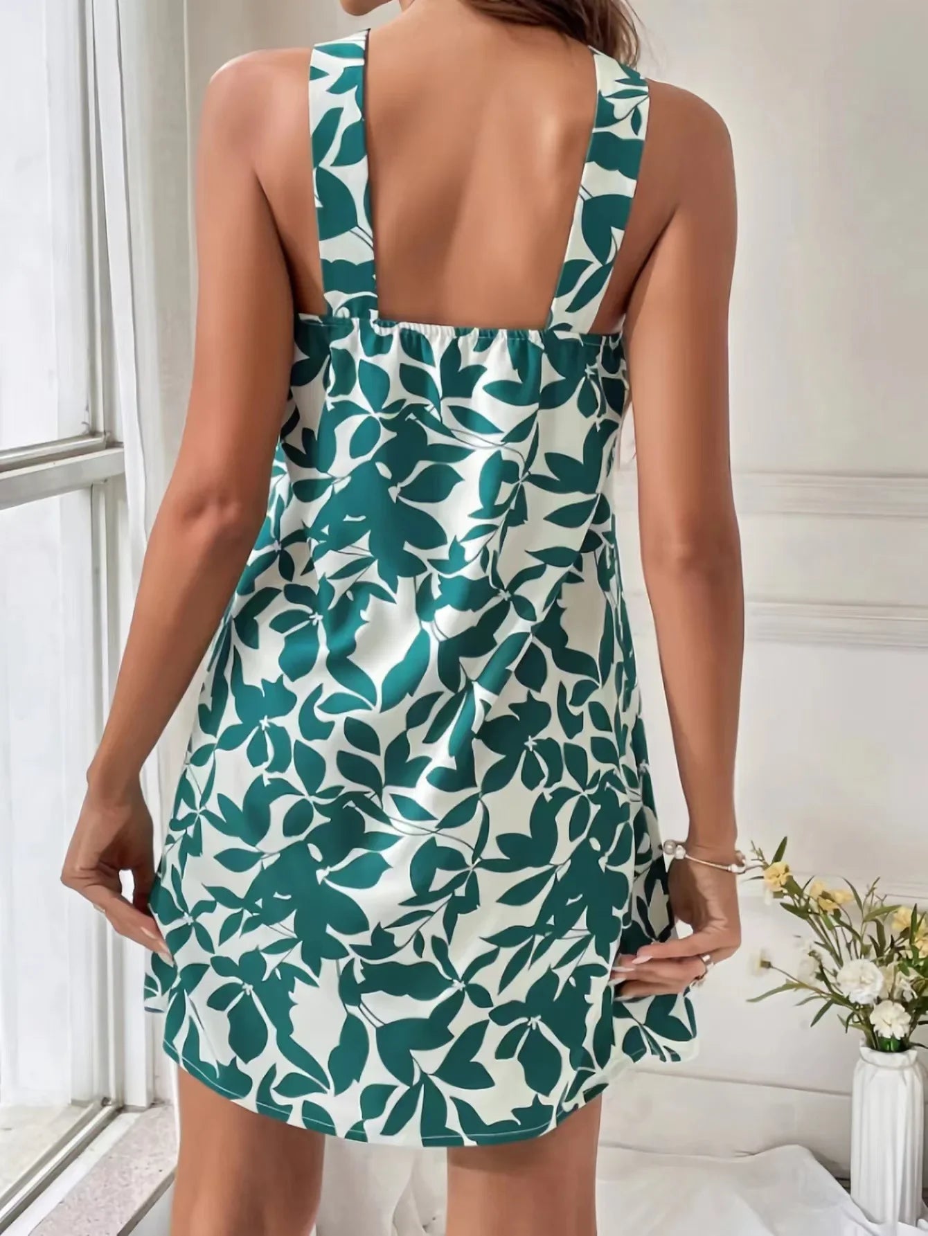 maoxiangshop Summer Women's Dress SKinny Sexy Backless SLeeveless ruffled hanging dress floral prints Button Embellished Female Vestidos