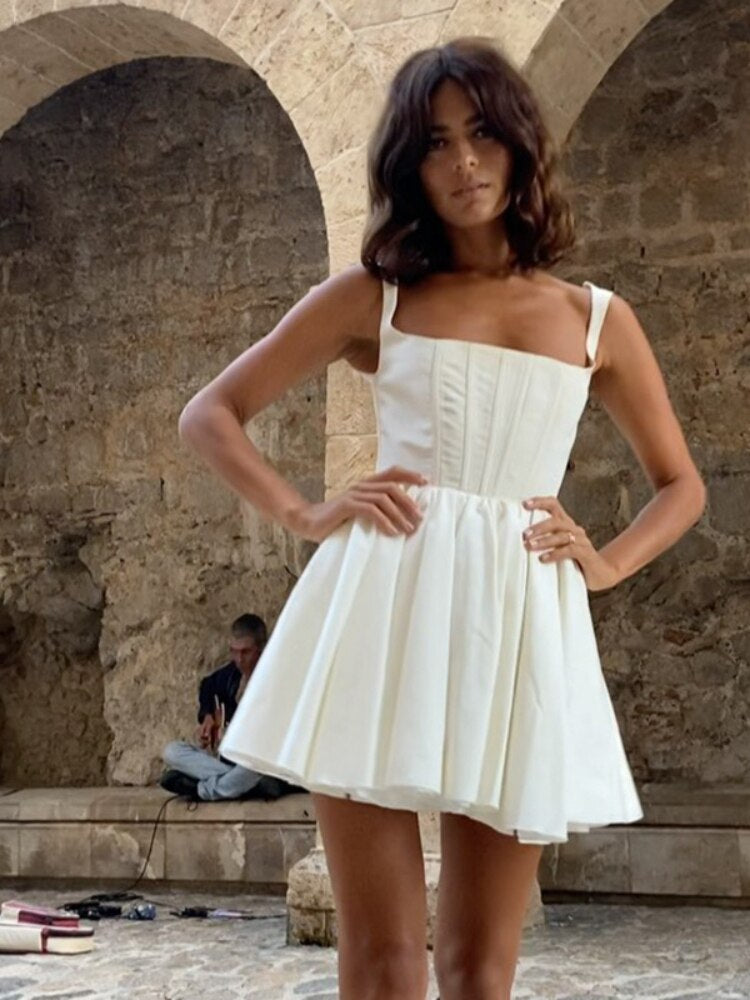 Summer New Ladies Dress French Suspenders Corset A-line Skirt Temperament Commuter Solid Color Dress Retro Fairy Skirt
