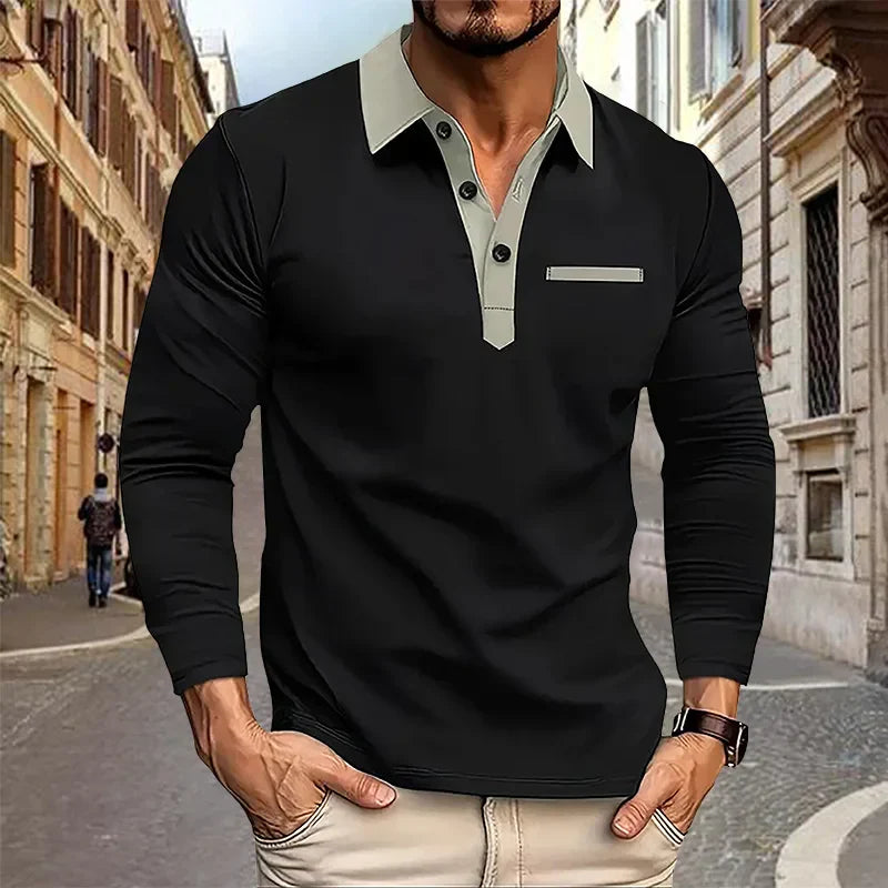 maoxiangshop 2024 Autumn Men's Polo Shirt Lapel Pocket T-shirt Men's Breathable Business Casual Long sleeved