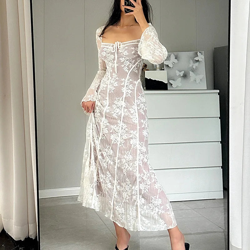 Vintage Lace Long Dress for Women Fashion Elegant Flare Sleeve Square Collar Pleated Dresses Vacation Beach Party Ladies Outfits