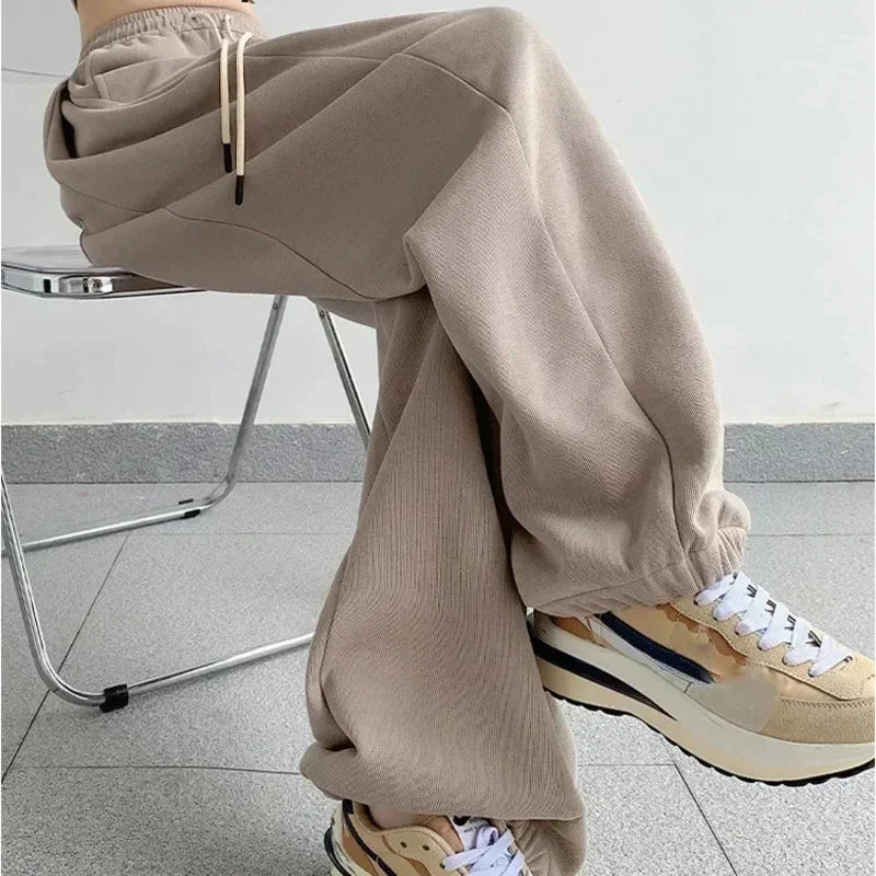 maoxiangshop - 2024 Autumn New Wide Leg Pants Women Baggy Sweatpants Loose High Waisted Bound Feet Pants Lady Lace Up Casual Straight Trousers