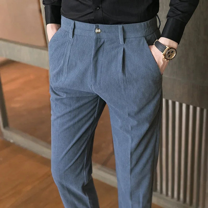 maoxiangshop British Style Men High Waist Casual Dress Pant Men Belt Design Slim Trousers Formal Office Social Wedding Party Dress Suit Pants