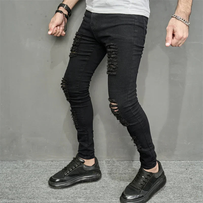 maoxiangshop Streetwear Ripped Slim Men Pencil Jeans Pants Stylish Male Hip Hop Stretch Holes Casual Denim Trousers