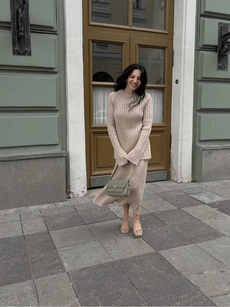 maoxiangshop - Casual Solid Knitted Skirt Suits Women Chic Round Neck Long Sleeves High Waist Pullover Tops 2024 Autumn Lady Office Outfit