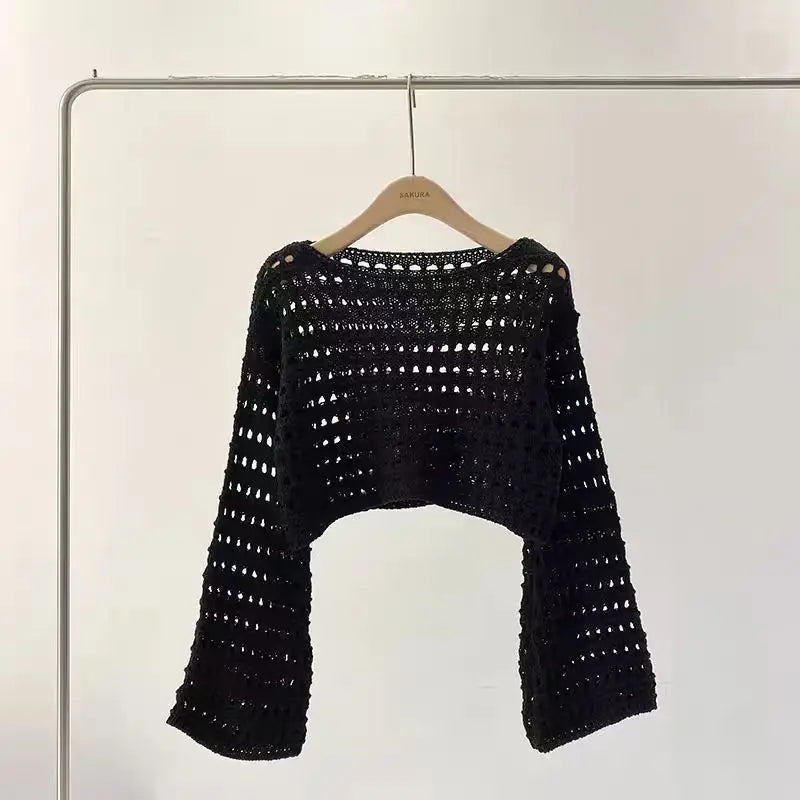 maoxiangshop Long Sleeve Crochet Knit Top Summer Beach Bikini Cover Up Crop Pullover Wool Knitwear Blouse Women Vacation Boho Outfit