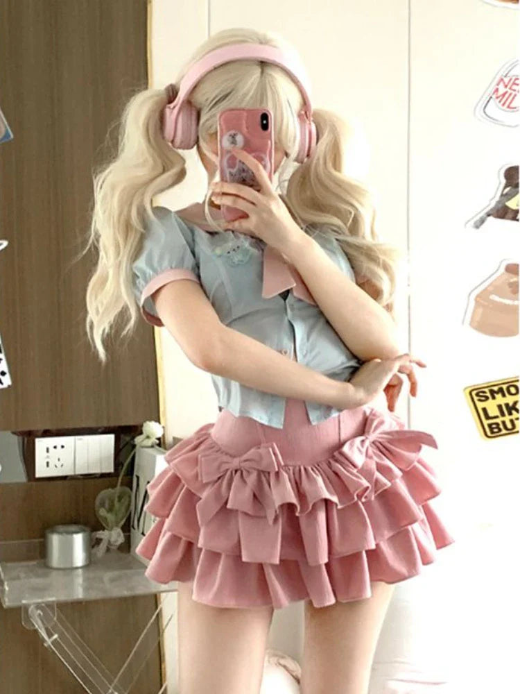maoxiangshop Pink Kawaii Skirt Women Ruffle Patchwork Layered Bow High Waist Cute Mini Skirt Shorts Harajuku Japanese Style Soft Girl