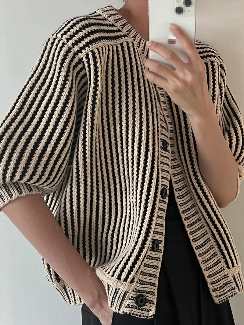maoxiangshop O-Neck Half Puff Sleeve Knitted Sweater Women Tops New Japan Fashion Autumn Winter Clothes Stripe Pattern Cardigan Verlena