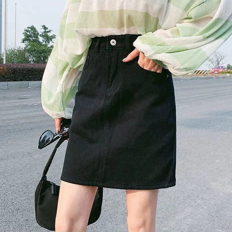 Lucyever Korean Women's Denim Skirt 2023 Summer High Waist A Line Mini Skirt Female Casual Pocket Solid Simple Jeans Skirt
