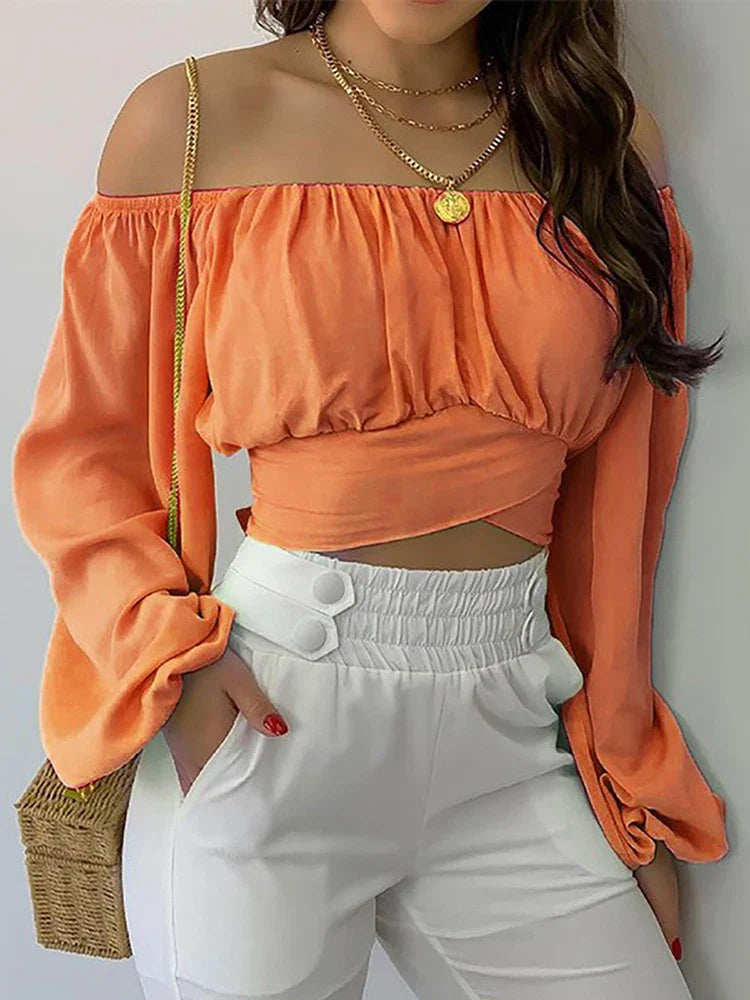 maoxiangshop Women Sexy Off Shoulder Printing Blouses Chic and Elegant Lantern Long Sleeve Lace Up Bow Cropped Tops Casual Slim Shirts