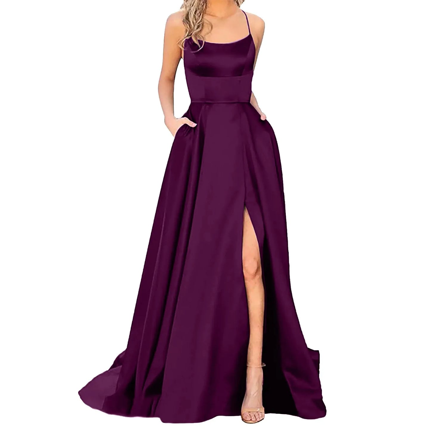 maoxiangshop-Sexy Backless Long Evening Prom Dress Purple Side Slipt Maxi Dress Women A Line Spaghetti Straps Satin Prom Gowns Formal Vestido