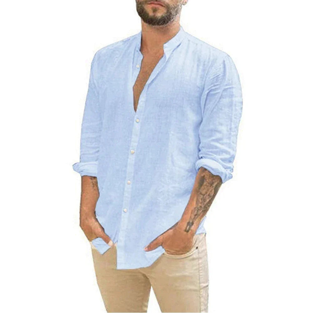 maoxiangshop Cotton Linen Hot Sale Men's Long-Sleeved Shirts Summer Solid Color Stand-Up Collar Casual Beach Style Plus Size