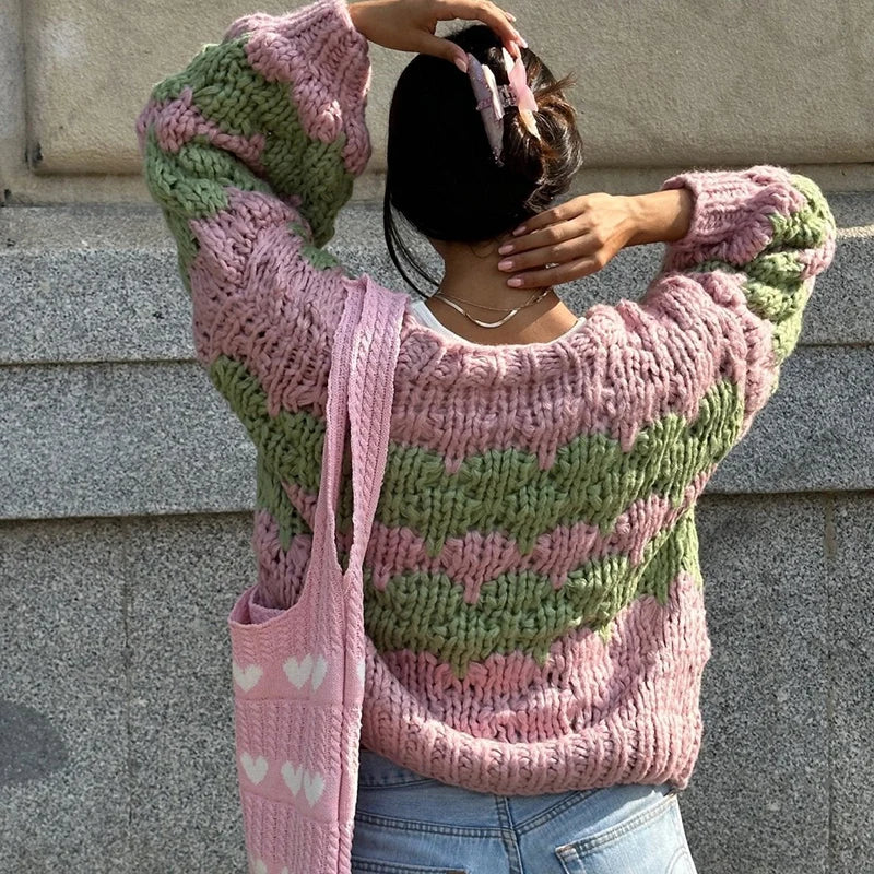 maoxiangshop - Stripe Pattern Cropped Cardigans Vintage Lantern Sleeves Knitted Sweater Aesthetic Y2k Knitwear Coat Women Autumn Outwear Street