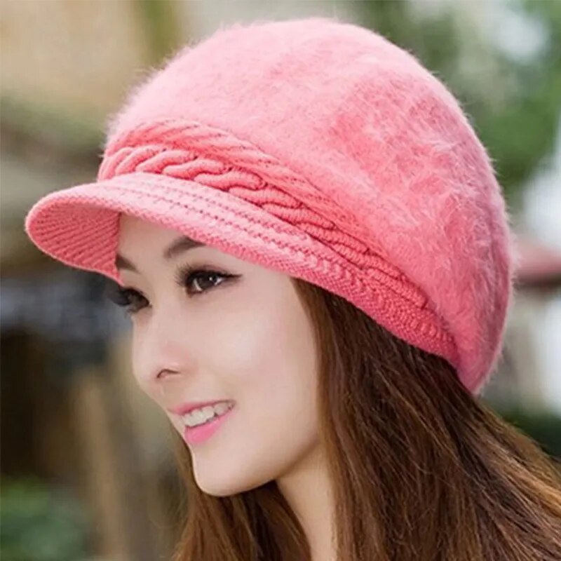maoxiangshop New Women Beret Hats Fashion Winter Warm Rabbit Fur Knitted Beanie Ladies Female Casual Fleece Berets Cap bonnet hiver femme