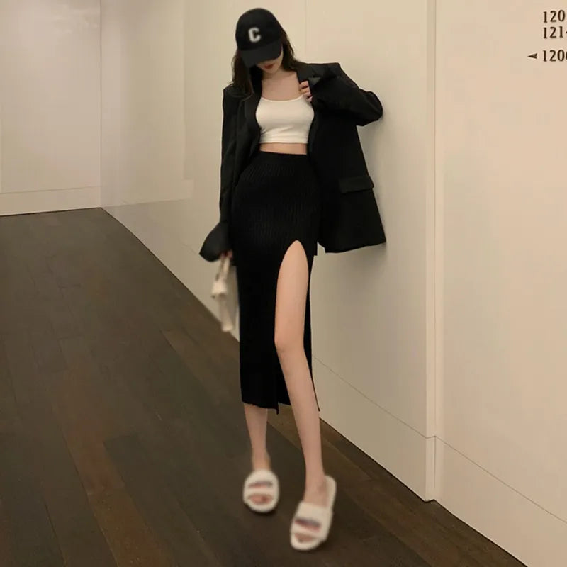 maoxiangshop High Waist Knitted Half Skirt Elastic Force Temperament Thin Sexy Split Slim Skirts Spring Autumn