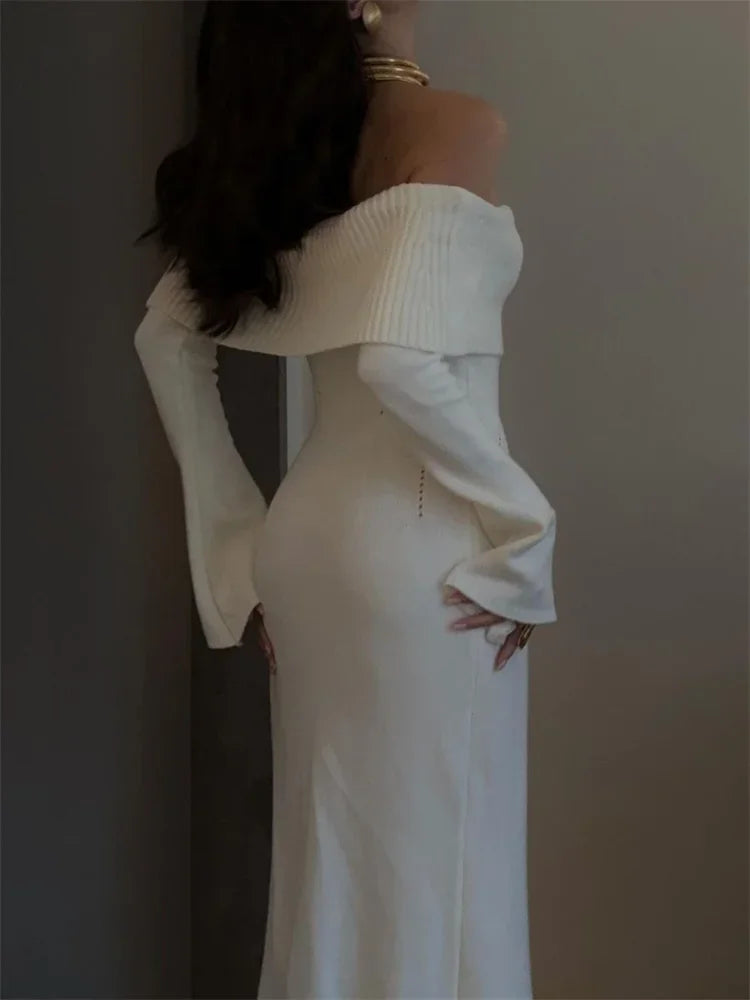 maoxiangshop - White Autumn Knit Sweater Long Dress Women Ribbed High Waist Fashion Off-Shoulder Loose Party Dress Female Knitwear Dress