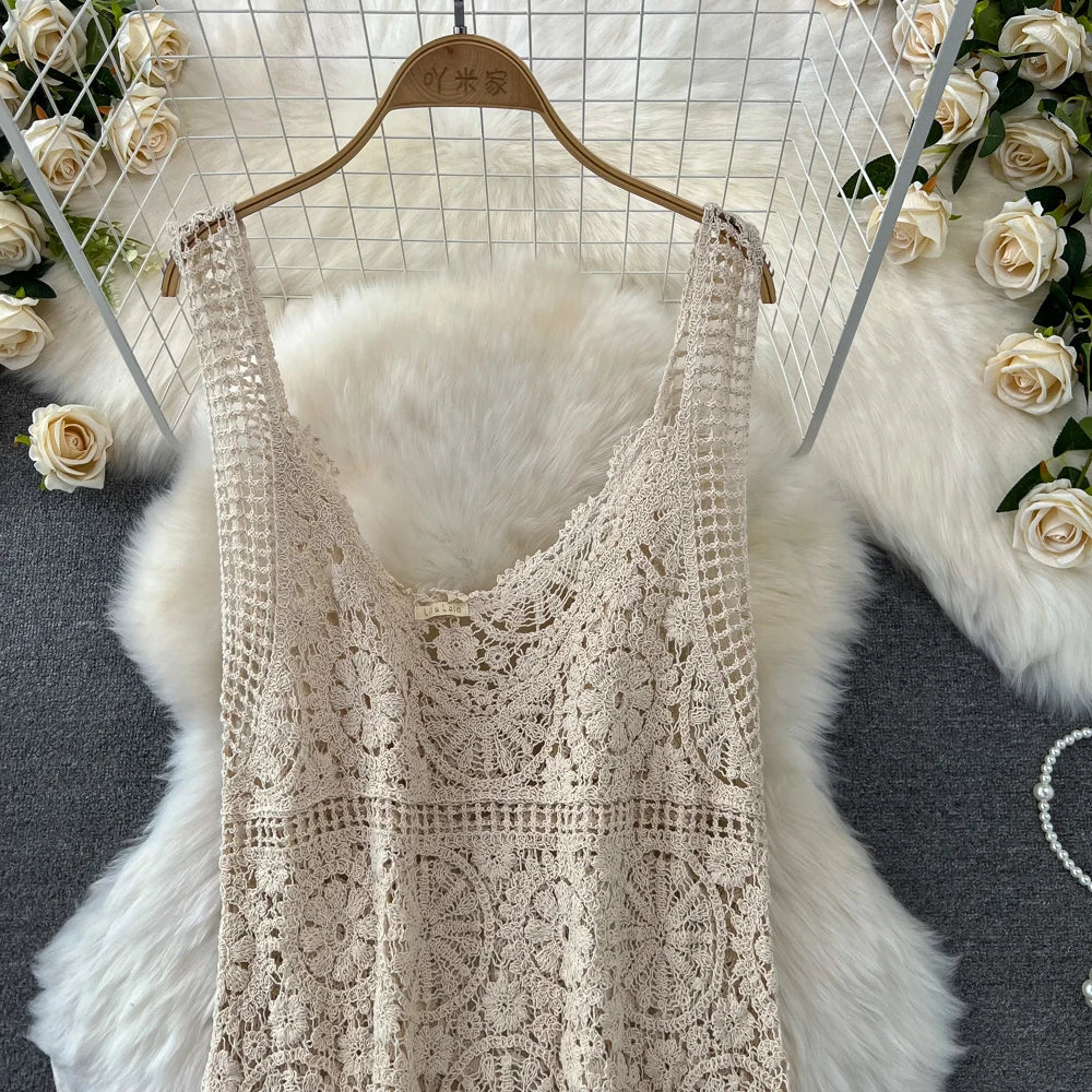 maoxiangshop Bohemian Beach Style Summer Dress Women Crochet Hollow Out Female Dresses Spaghetti Strap Sleeveless Vestidos De Mujer